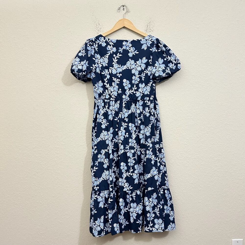 J.CREW Midi Dress Navy Blue Floral Tiered Puff Sleeve A-Line Boho - Picture 2 of 13